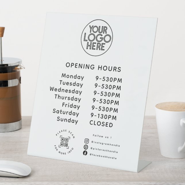 Custom Business Logo Opening Times QR Code | White Pedestal Sign (In SItu)