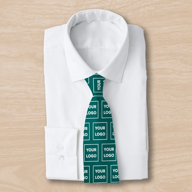 Custom Business Logo Pattern on Teal 2 Sided Tie (Custom Business Logo Pattern on Teal Neck Tie, tied, in situ)