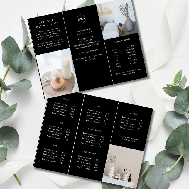 Custom Business Logo Price Black Trifold Brochure (Creator Uploaded)
