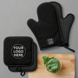 Custom Business Logo Promotional Black & White  Oven Mitt & Pot Holder Set