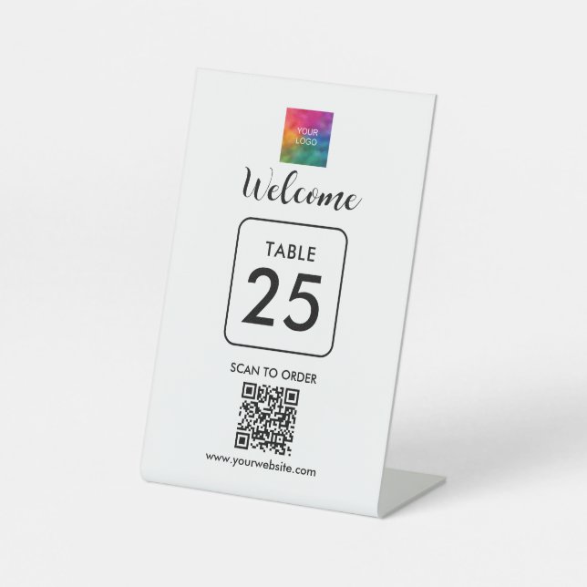 Custom Business Logo QR Code Here Table Number Pedestal Sign (Front)