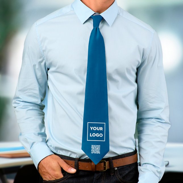 Custom Business Logo QR Code on Blue 2 Sided Tie (Custom Business Logo QR Code on Blue 2 Sided Neck Tie, tied, in situ)