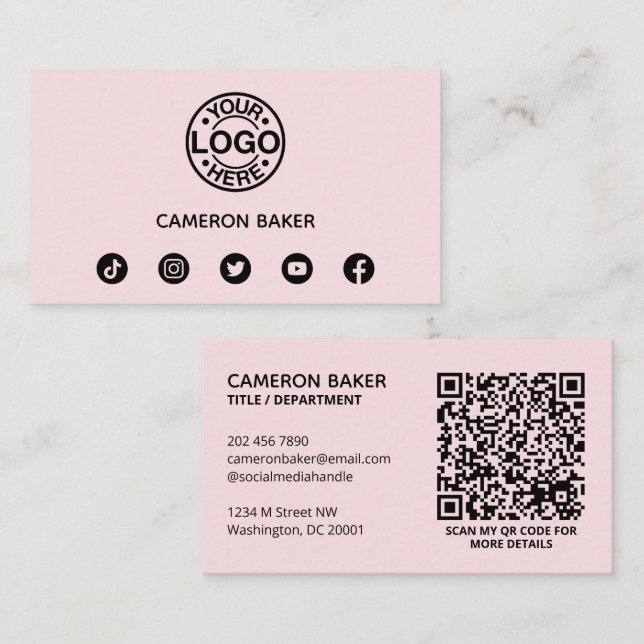 Custom Business Logo QR Code Social Media Pink Business Card (Front/Back)