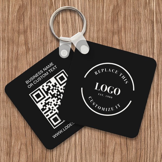 Custom Business Logo QR code website text black Key Ring (Front and back of double sided black keychain. Customizable business logo, text and website QR code,)