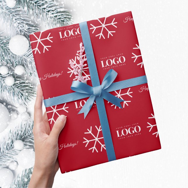Custom Business Logo Snowflake Happy Holidays Text Wrapping Paper (Creator Uploaded)