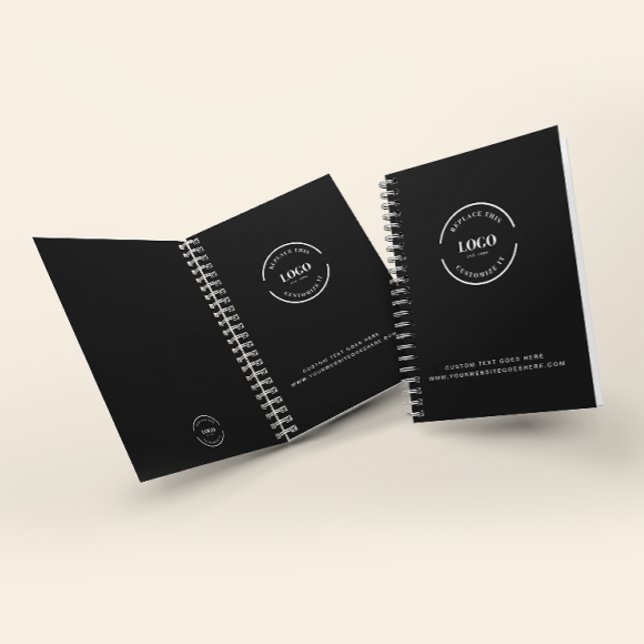 Custom business logo text Corporate Black Minimal Notebook (Customizable business logo and website on black spiral notebooks. Comes in hardcover or softcover.)