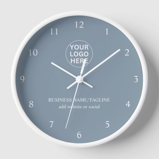 Custom Business Logo & Text l Dusty Blue Branded Clock (Front)