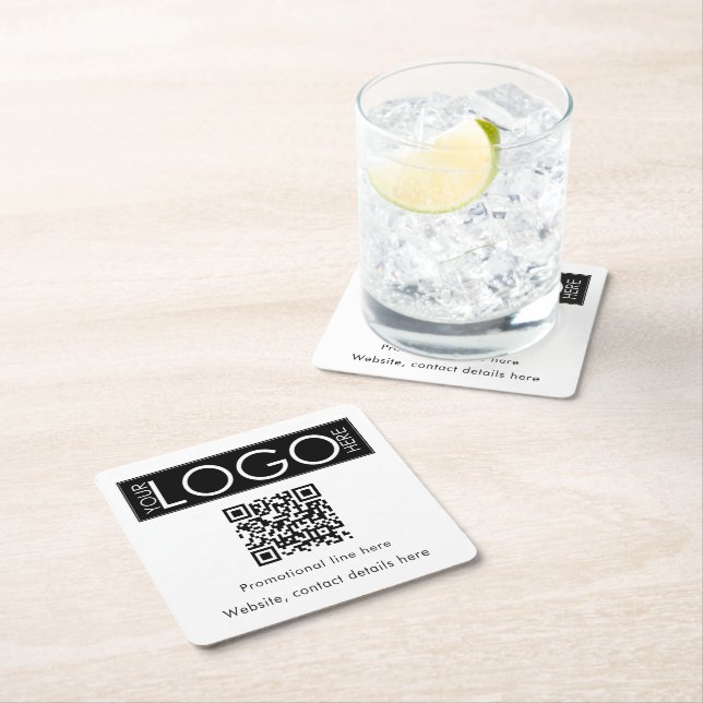 Custom Business Logo Text QR Code Promotional Square Paper Coaster (Insitu)