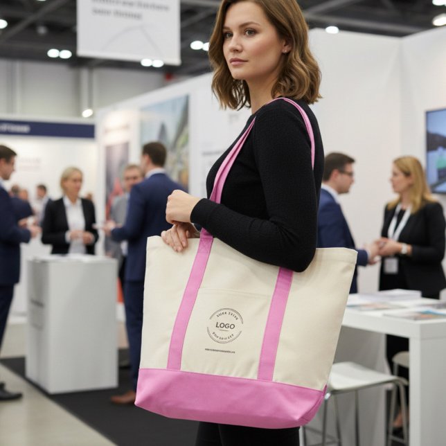 Custom Business Logo website Simple pink Tote Bag (Custom pink and canvas branded, business logo and website tradeshow tote bag.)