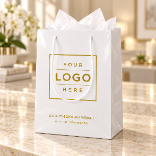 Custom Business Logo White Gold Branded Medium Gift Bag