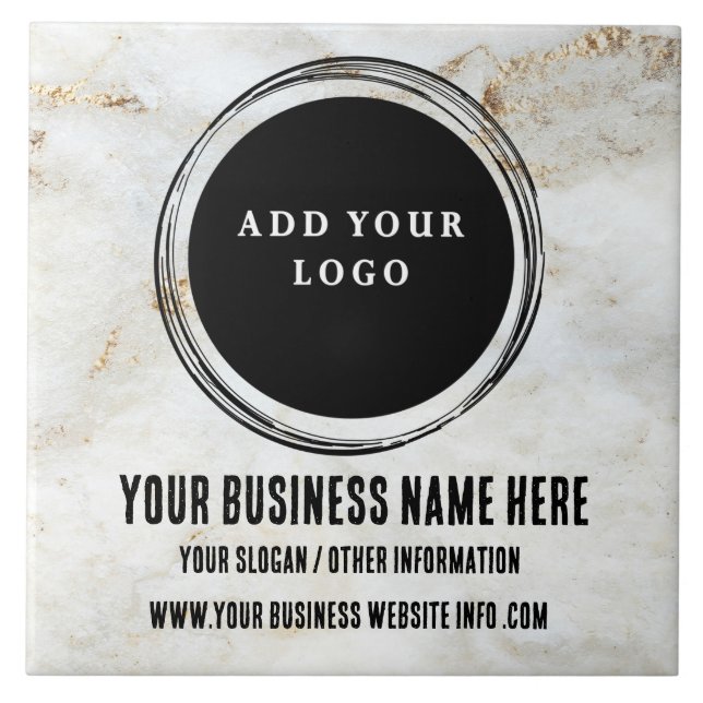 Custom Business Logo White & Gold Marble  Ceramic Tile (Front)