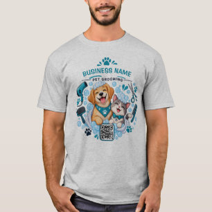 Custom Business Name & QR Code Dog & Cat Groomer  T-Shirt