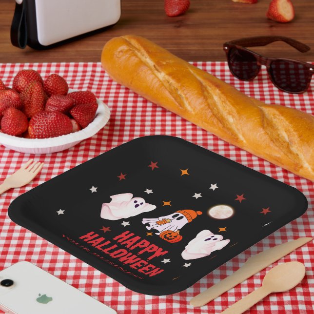 Custom Business Name, Text & Ghost Halloween Paper Plate (Picnic)