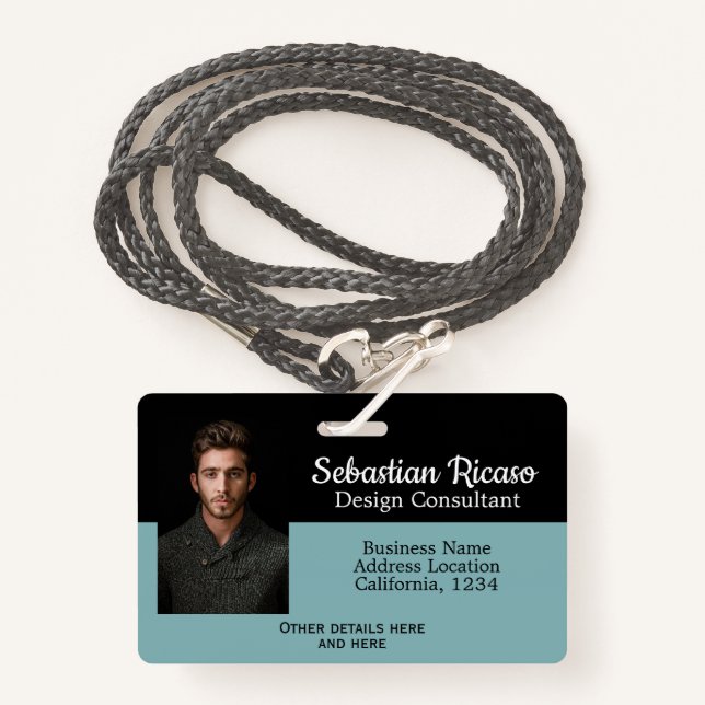 Custom Business Personalised Teal Black ID Badge (Front with Lanyard)