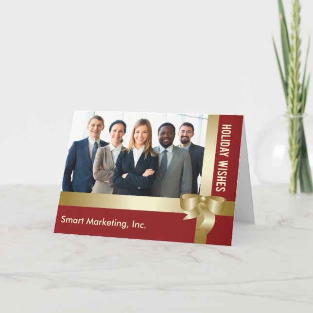 Custom Business Photo, Name, Holiday Red, Gold Bow Card (Front)