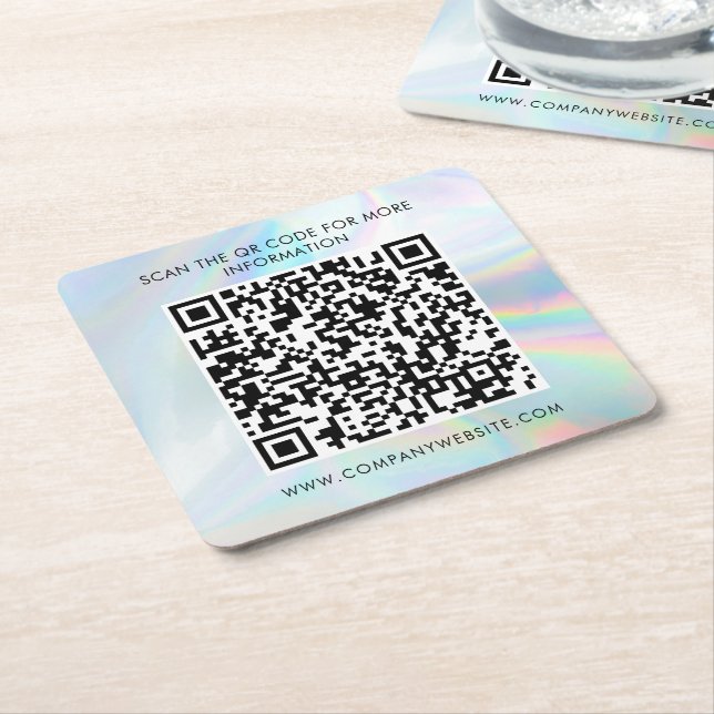 Custom Business QR Code Holographic Marketing Square Paper Coaster (Angled)