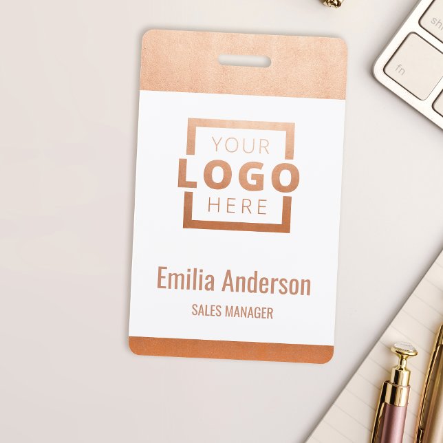 Custom Business Rose Gold Logo Barcode Employee ID Badge (Creator Uploaded)