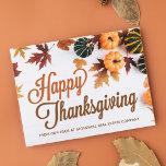 Custom Business Thanksgiving Beautiful Pumpkin Postcard<br><div class="desc">This beautiful corporate Thanksgiving postcard features a pretty autumn leaf border of brown and orange leaves with orange pumpkins around your personalised company text. Customise these chic business holiday postcards for your professional group with in lovely fall colours.</div>