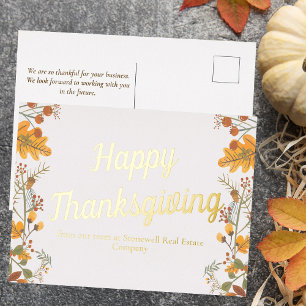 Custom Business Thanksgiving Chic Fall Leaves Gold Foil Holiday Postcard