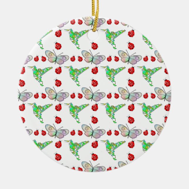 Custom Butterfly, Hummingbird and Ladybug Pattern Ceramic Ornament (Front)