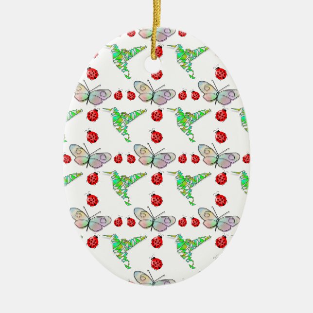 Custom Butterfly, Hummingbird and Ladybug Pattern Ceramic Tree Decoration (Front)