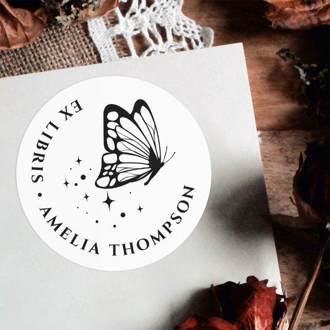 Custom Butterfly & Stars Round Ex Libris Bookplate Classic Round Sticker (Creator Uploaded)