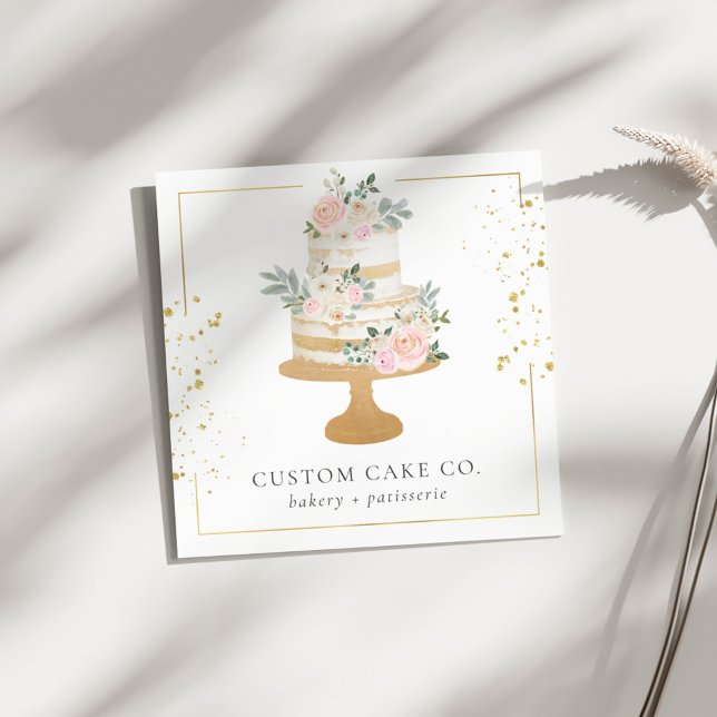 Custom Cakes Floral Gold Glitter Frame Bakery Square Business Card (Creator Uploaded)