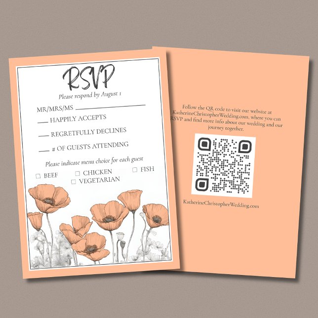 Custom California Poppy Peach Floral Wedding RSVP Card (Custom California Poppies Floral Wedding RSVP Card in Peach Fuzz with QR code for wedding website.)