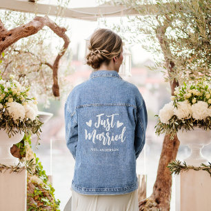 Custom Calligraphy Heart Just Married Name Wedding Denim Jacket