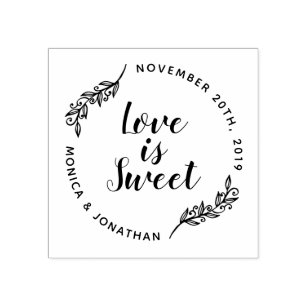 Custom Calligraphy Love Is Sweet Botanical Wedding Rubber Stamp