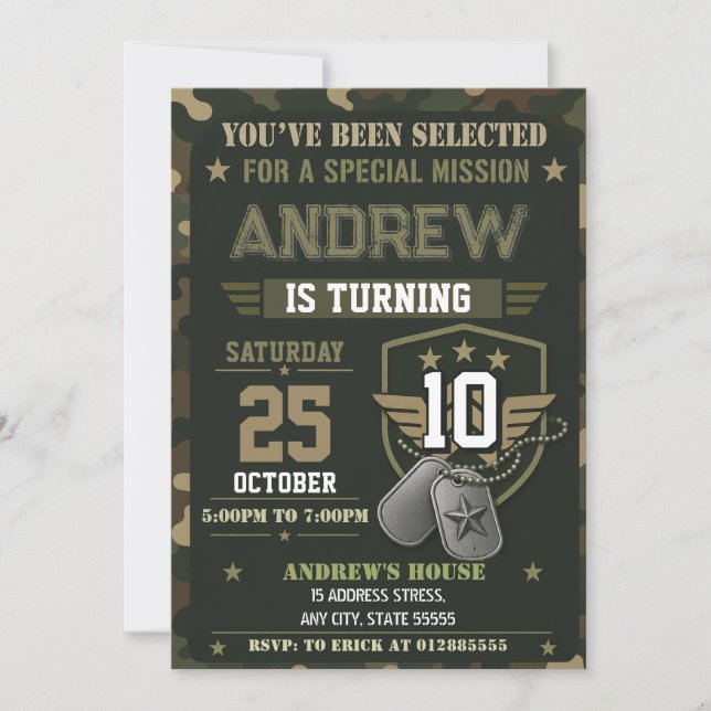 Custom Camo Army Birthday party Invitation (Front)