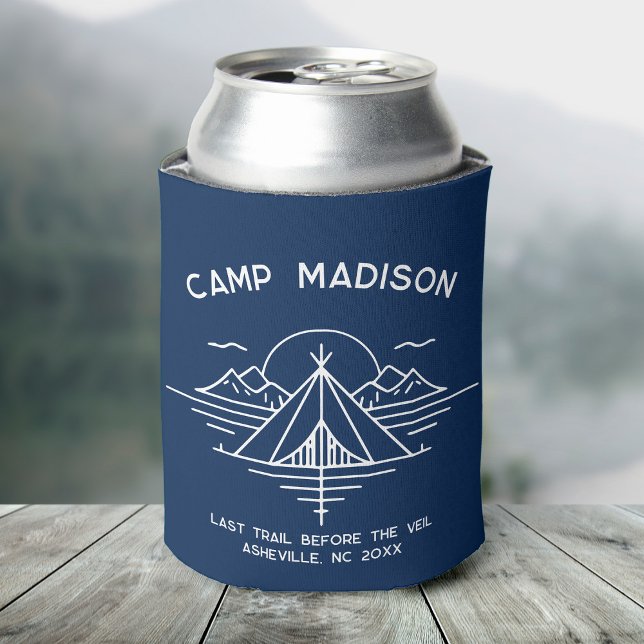 Custom Camp Bachelorette Party Favours Hiking Can Cooler (A can covered in a blue cooler featuring "Camp Madison" and a line graphic of mountains and a tent)