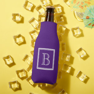 Custom can coolers with classy purple monogram