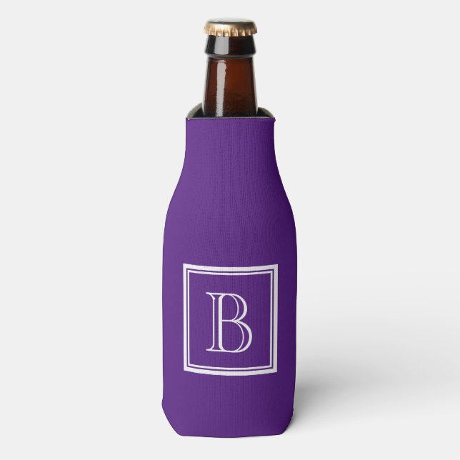 Custom can coolers with classy purple monogram (Bottle Front)