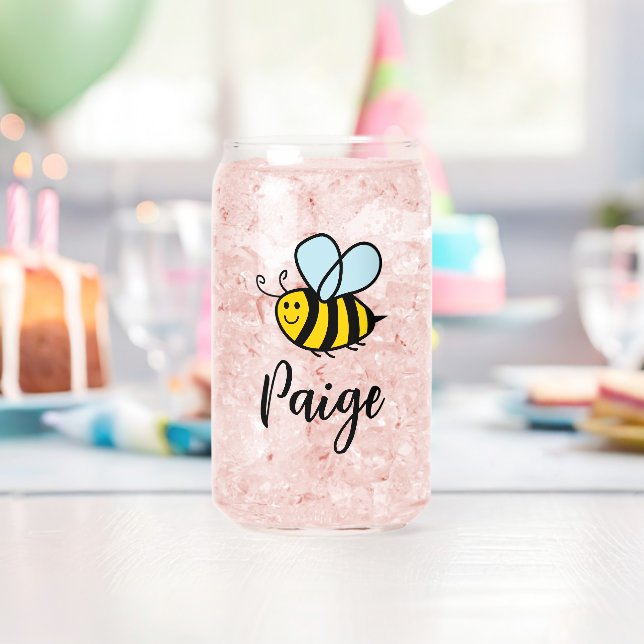 Custom can glass with happy honey bee design (Insitu (Birthday))