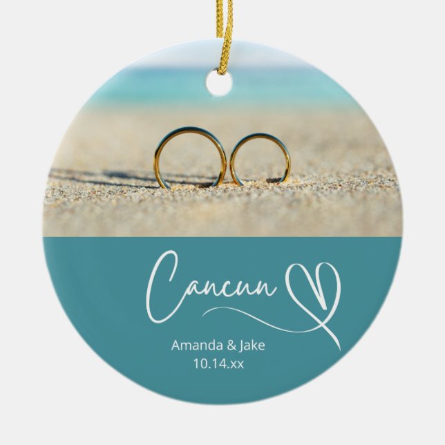 Custom Cancun Destination Beach Wedding Ceramic Ornament (Front)