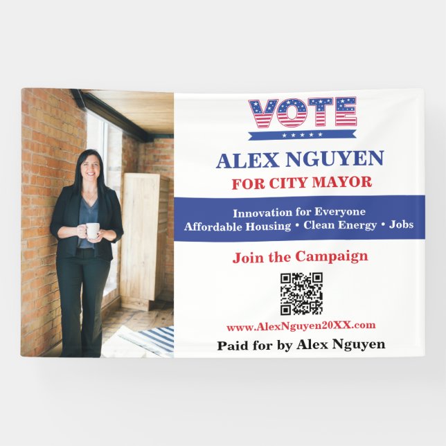Custom Candidate Photo QR Code Political Campaign Banner (Horizontal)