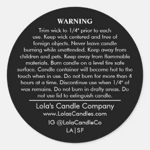 Custom Candle Warning Label Black on White Matte