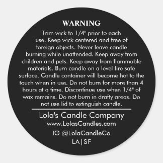Custom Candle Warning Label Black on White Matte