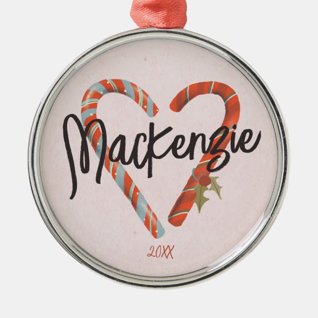 Custom Candy Cane Heart Name Christmas  Metal Ornament (Front)