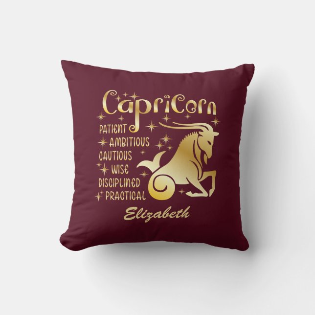 Custom Capricorn Zodiac Sign Gold Maroon Luxury Cushion (Front)