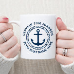 Custom captain and boat name anchor and rope coffee mug<br><div class="desc">Cup with your custom captain and boat name around an anchor with circular rope border</div>