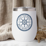 Custom captain boat name nautical ship's wheel<br><div class="desc">Thermal tumbler featuring a dark blue,  elegant ship's wheel and rope emblem with your custom captain's name and boat name on a white background.</div>