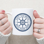 Custom captain boat name nautical ship's wheel coffee mug<br><div class="desc">Coffe mug featuring a dark blue,  elegant ship's wheel and rope emblem with your custom captain's name and boat name on a white background.</div>