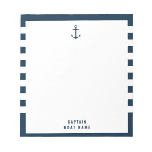 Custom Captain Boat Nautical Anchor Navy Stripes Notepad