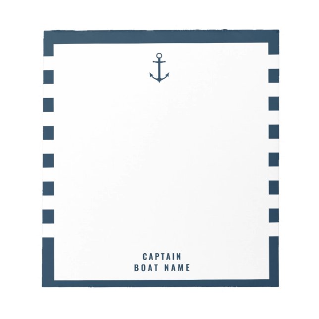 Custom Captain Boat Nautical Anchor Navy Stripes   Notepad (Front)