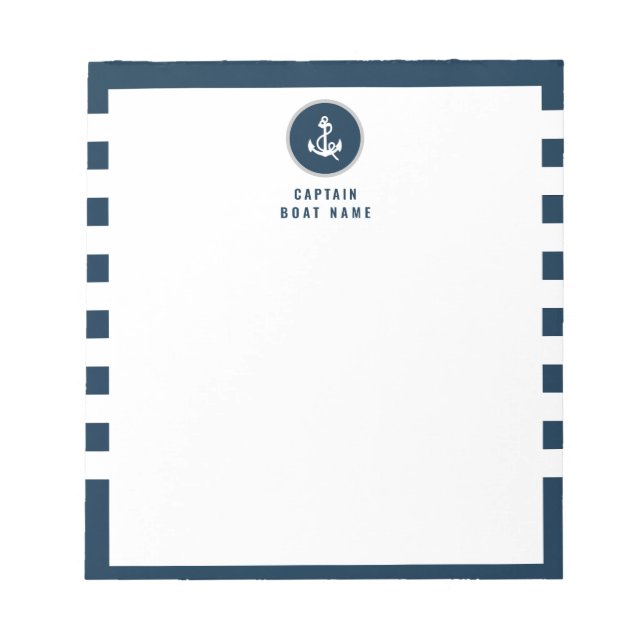Custom Captain Boat Nautical Anchor Navy Stripes   Notepad (Front)