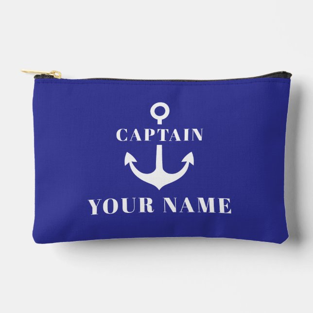 Custom Captain Name Anchor Blue Accessory Pouch (Front)