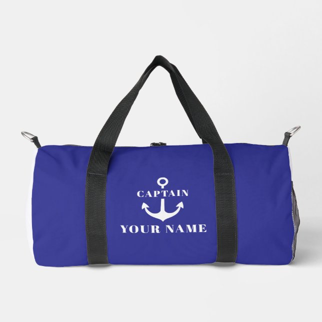Custom Captain Name Anchor Blue Duffle Bag (Front)