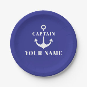 Custom Captain Name Anchor Blue Paper Plate